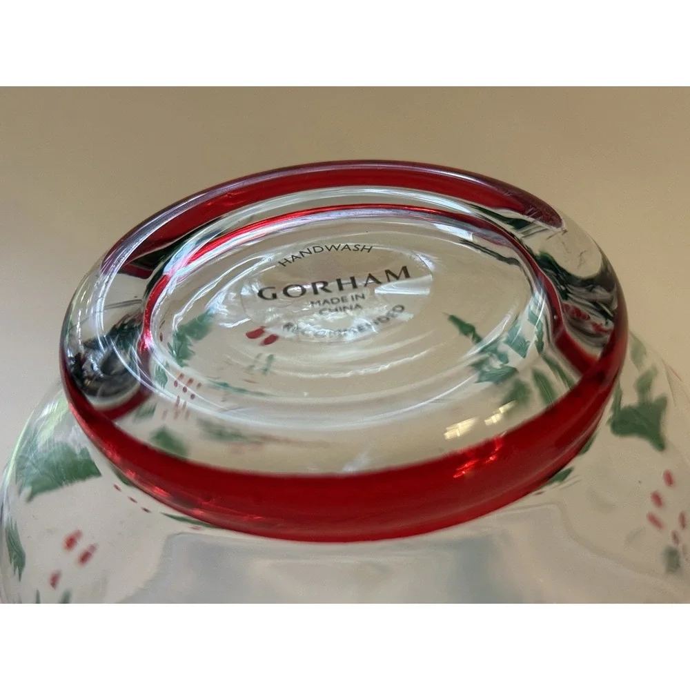 Gorham Festive Holly Candy Dish Hand Cut Painted 5" Diameter Christmas Glass - Picture 6 of 10